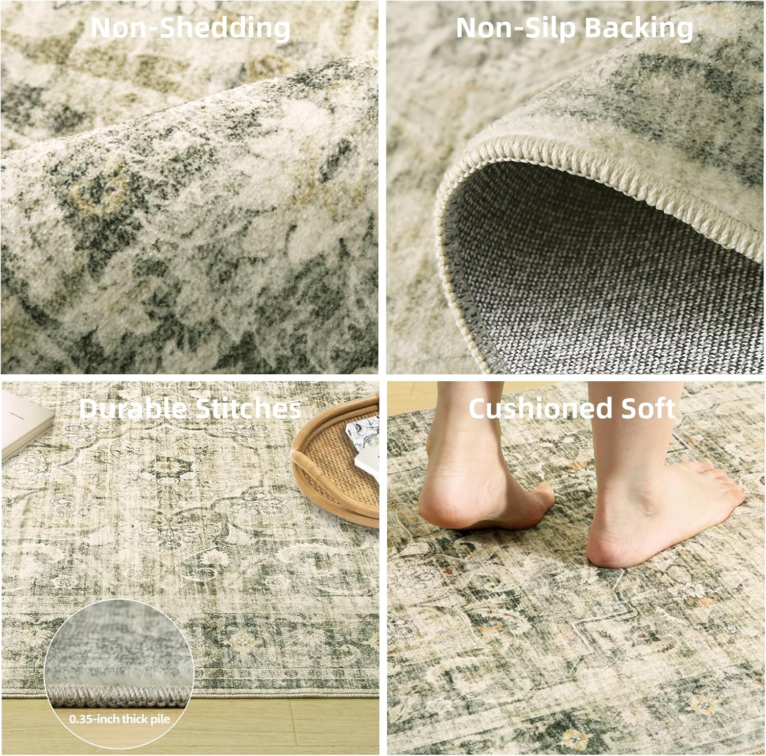 Washable Rugs for Living Room: Large Area Rug for Bedroom Non Slip Low Pile Soft Faux Wool Non Shedding Vintage Boho Carpet Rugs for Dining Room Kitchen Nursery Under Table Farmhouse Home Office